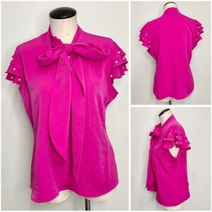 Pink Ruffled Cap Pearl Sleeve Blouse with Tie Front Large